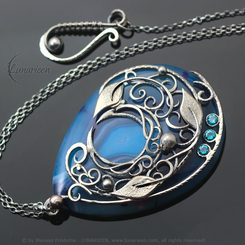 Sterling Silver necklace crescent moon wire wrap Agate and Zirconia jewellery jewelry gothic floral filigree unique Victortian style pendant