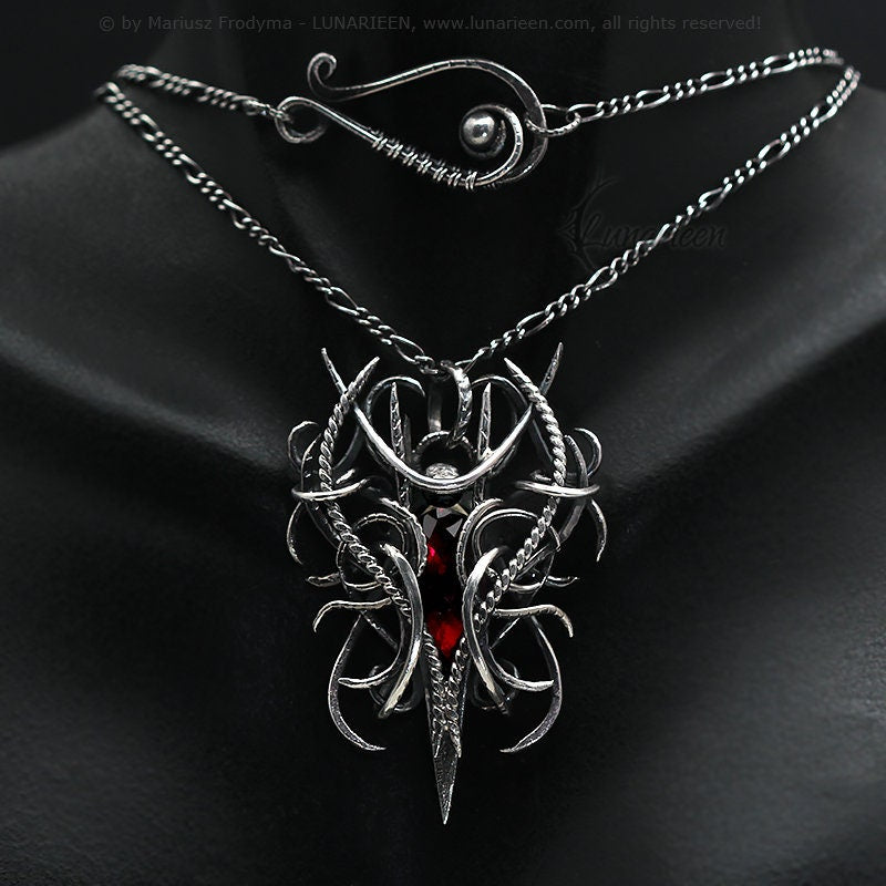 Sterling Silver wire wrapped necklace red quartz jewelry jewellery pendant pagan gothic fantasy vampire elvish witchy unisex unique gift