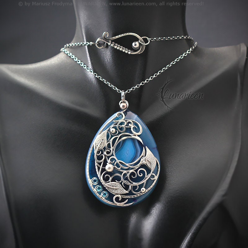 Sterling Silver necklace crescent moon wire wrap Agate and Zirconia jewellery jewelry gothic floral filigree unique Victortian style pendant