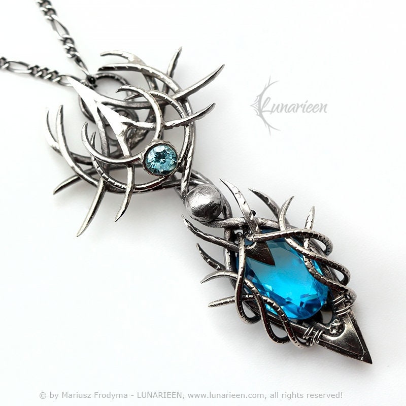 Sterling Silver Gothic Vampire unique necklace Blue Quartz gift jewellery jewelry fantasy dark gothic pagan demonic unique pendant