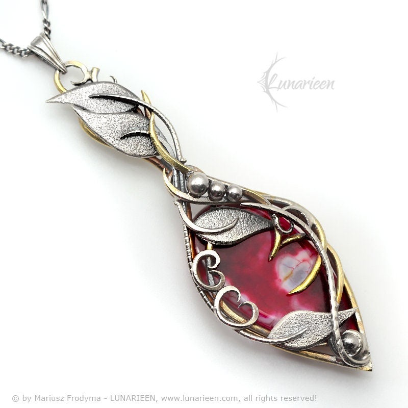 Sterling Silver & Brass wire wrapped gothic floral necklace, Red Dragon Veins Agate fantasy jewelry leaf witchy elven fantasy elvish pendant