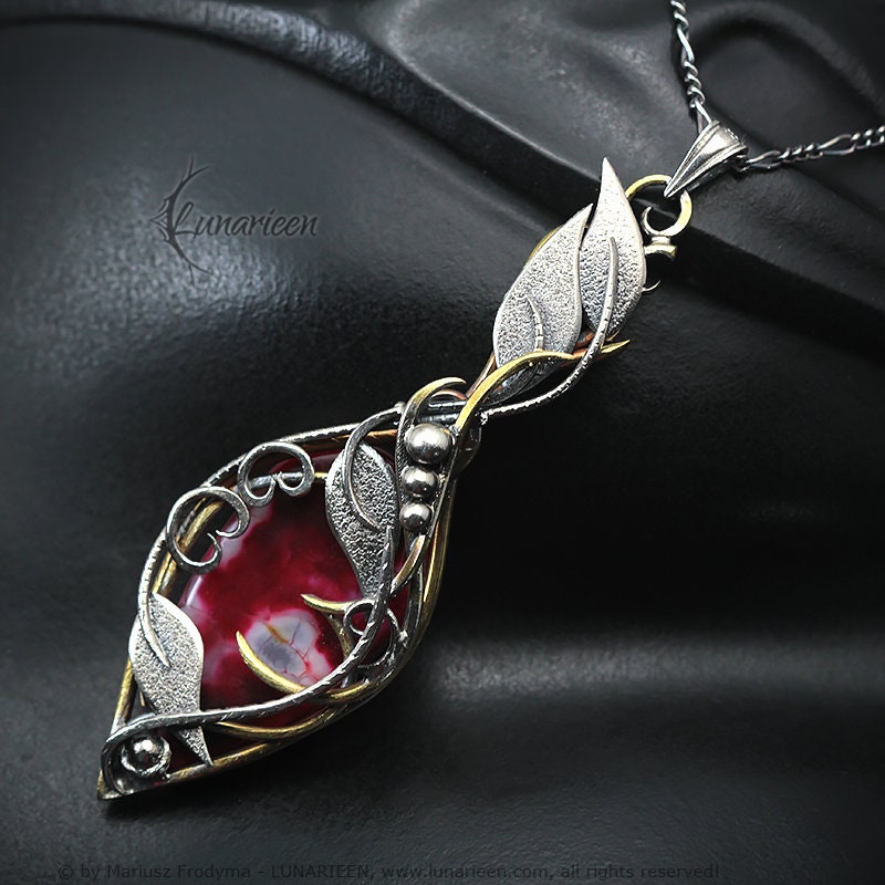 Sterling Silver & Brass wire wrapped gothic floral necklace, Red Dragon Veins Agate fantasy jewelry leaf witchy elven fantasy elvish pendant