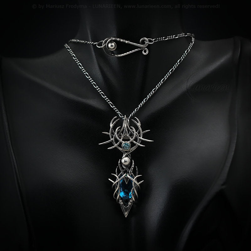 Sterling Silver Gothic Vampire unique necklace Blue Quartz gift jewellery jewelry fantasy dark gothic pagan demonic unique pendant