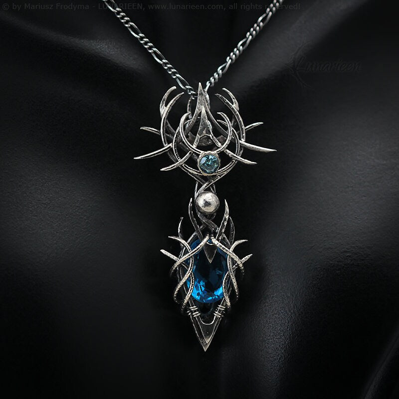 Sterling Silver Gothic Vampire unique necklace Blue Quartz gift jewellery jewelry fantasy dark gothic pagan demonic unique pendant