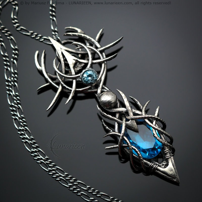 Sterling Silver Gothic Vampire unique necklace Blue Quartz gift jewellery jewelry fantasy dark gothic pagan demonic unique pendant