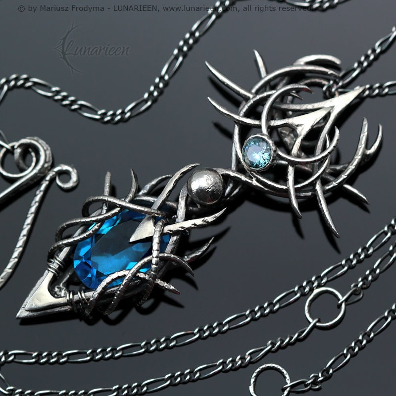 Sterling Silver Gothic Vampire unique necklace Blue Quartz gift jewellery jewelry fantasy dark gothic pagan demonic unique pendant