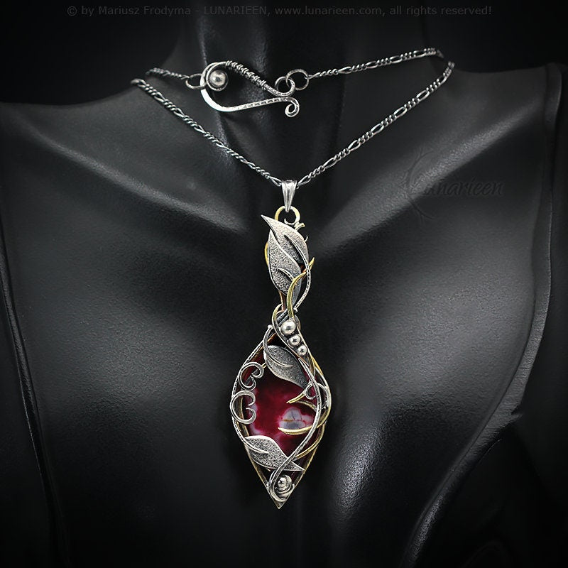 Sterling Silver & Brass wire wrapped gothic floral necklace, Red Dragon Veins Agate fantasy jewelry leaf witchy elven fantasy elvish pendant