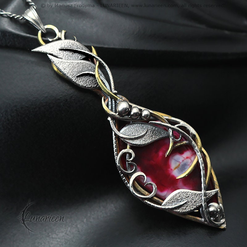 Sterling Silver & Brass wire wrapped gothic floral necklace, Red Dragon Veins Agate fantasy jewelry leaf witchy elven fantasy elvish pendant