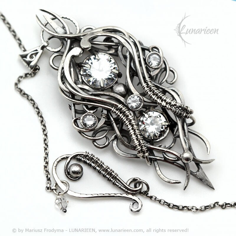 Sterling Silver Wire wrapped gothic fantasy elven elvish witchy pendant necklace, unique jewelry jewellery unisex gift