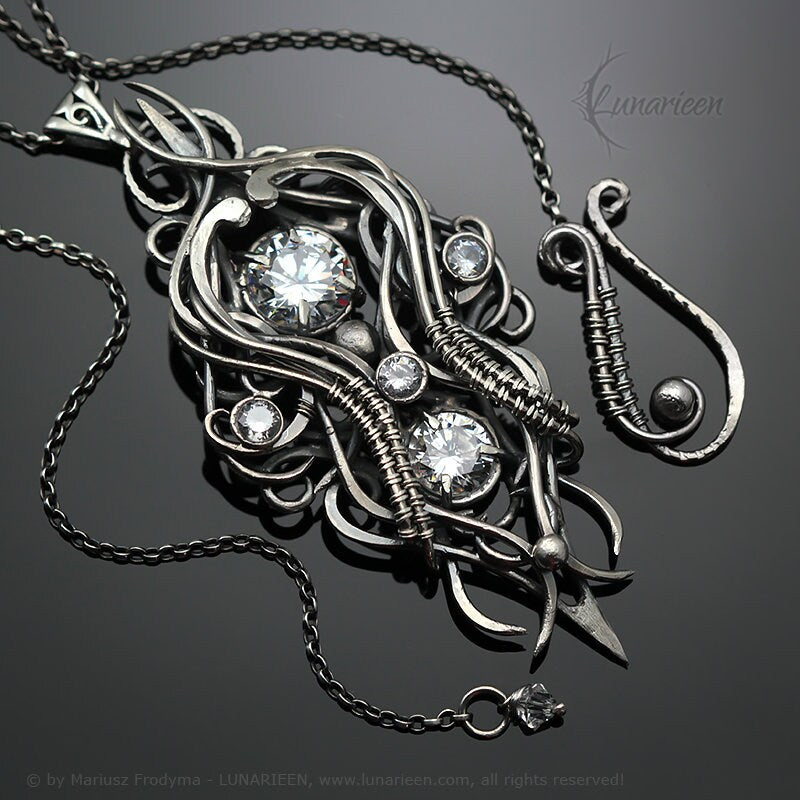 Sterling Silver Wire wrapped gothic fantasy elven elvish witchy pendant necklace, unique jewelry jewellery unisex gift