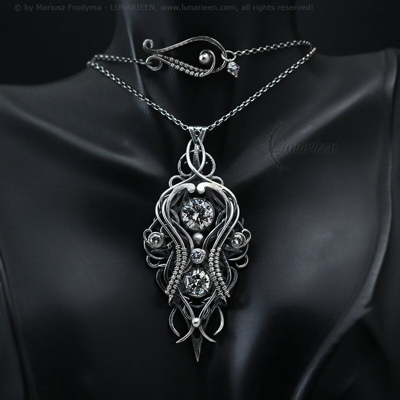 Sterling Silver Wire wrapped gothic fantasy elven elvish witchy pendant necklace, unique jewelry jewellery unisex gift