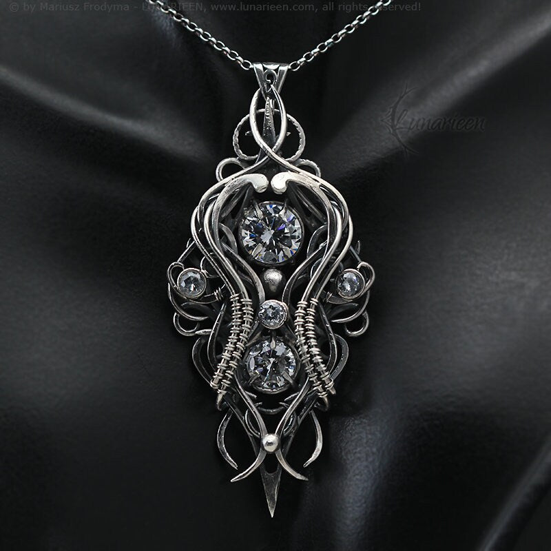 Sterling Silver Wire wrapped gothic fantasy elven elvish witchy pendant necklace, unique jewelry jewellery unisex gift