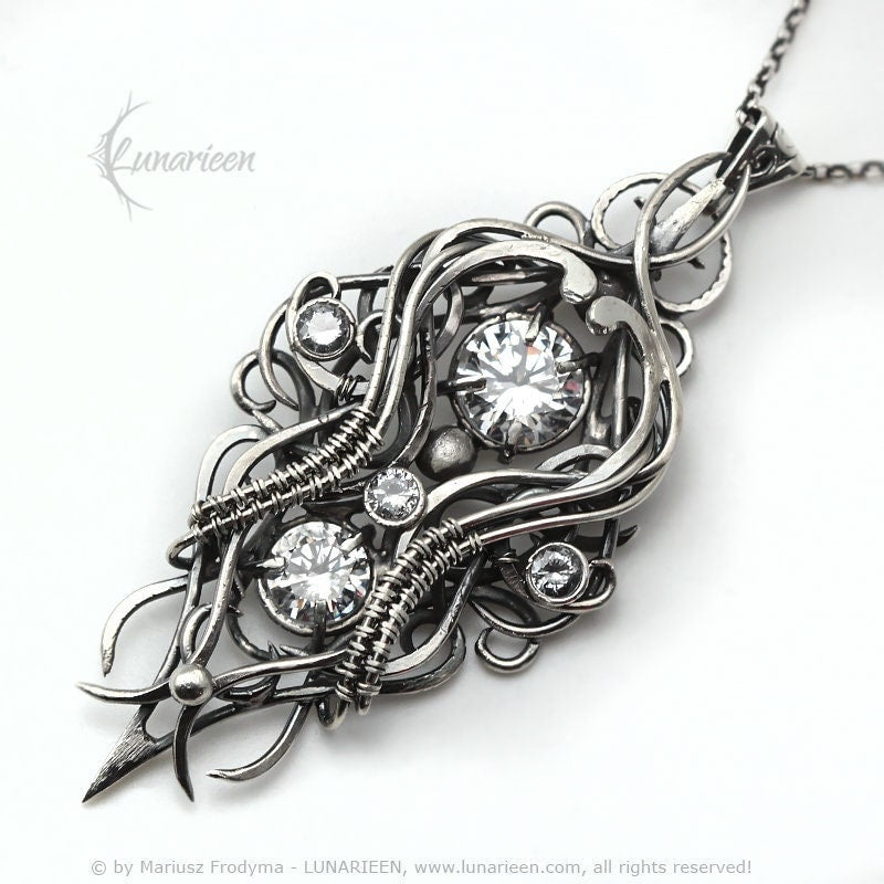 Sterling Silver Wire wrapped gothic fantasy elven elvish witchy pendant necklace, unique jewelry jewellery unisex gift