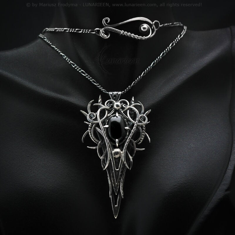 Sterling Silver, Fantasy Gothic style Necklace Pendant, Black Onyx, Gothic Jewellery Jewelry, Unique gift for her for him