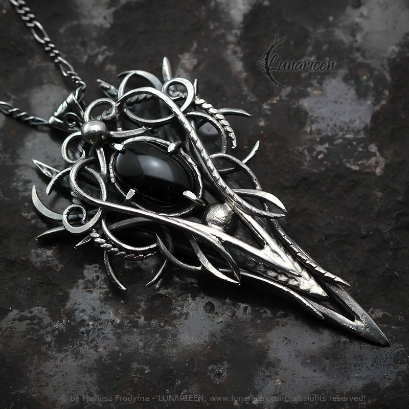 Sterling Silver, Fantasy Gothic style Necklace Pendant, Black Onyx, Gothic Jewellery Jewelry, Unique gift for her for him