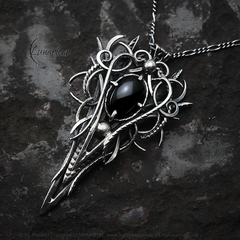 Sterling Silver, Fantasy Gothic style Necklace Pendant, Black Onyx, Gothic Jewellery Jewelry, Unique gift for her for him