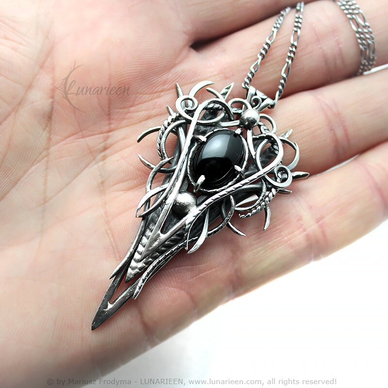 Sterling Silver, Fantasy Gothic style Necklace Pendant, Black Onyx, Gothic Jewellery Jewelry, Unique gift for her for him