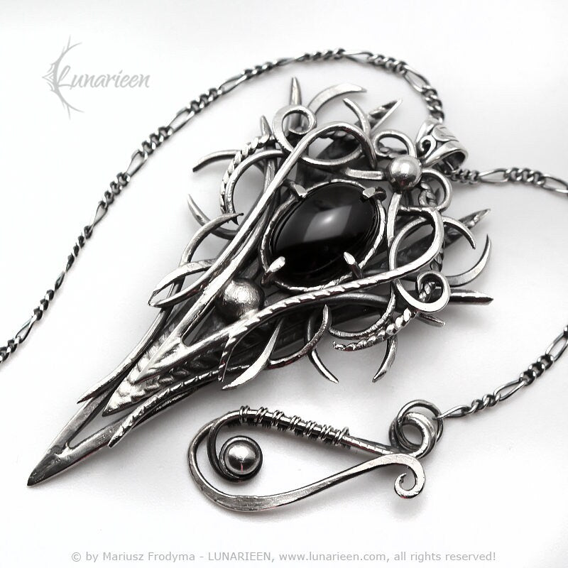 Sterling Silver, Fantasy Gothic style Necklace Pendant, Black Onyx, Gothic Jewellery Jewelry, Unique gift for her for him