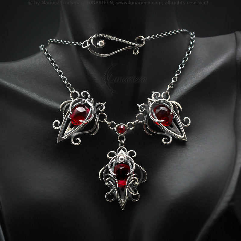 Sterling Silver, Fantasy Gothic style Necklace Pendant, Red Quartz, Jewellery Jewelry, Vampire Elven Witchy, Unisex Unique gift