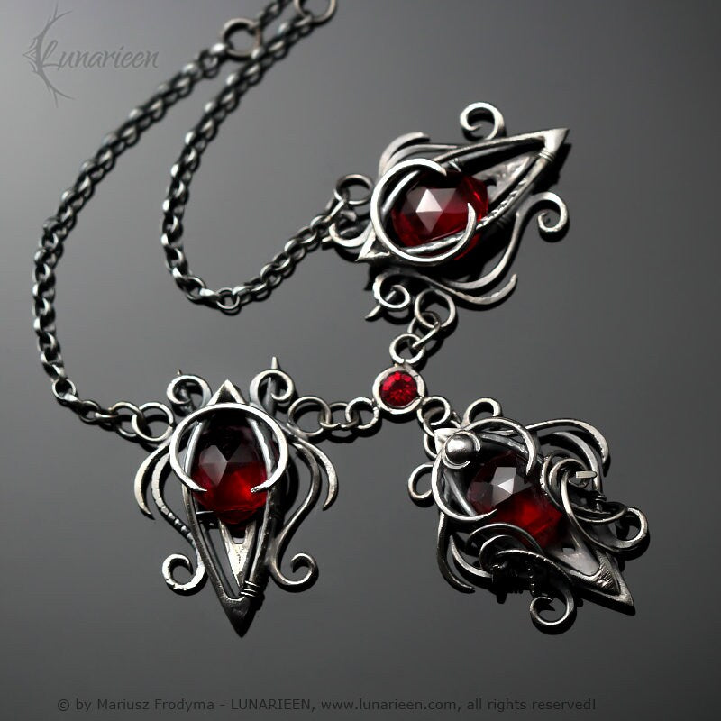 Sterling Silver, Fantasy Gothic style Necklace Pendant, Red Quartz, Jewellery Jewelry, Vampire Elven Witchy, Unisex Unique gift