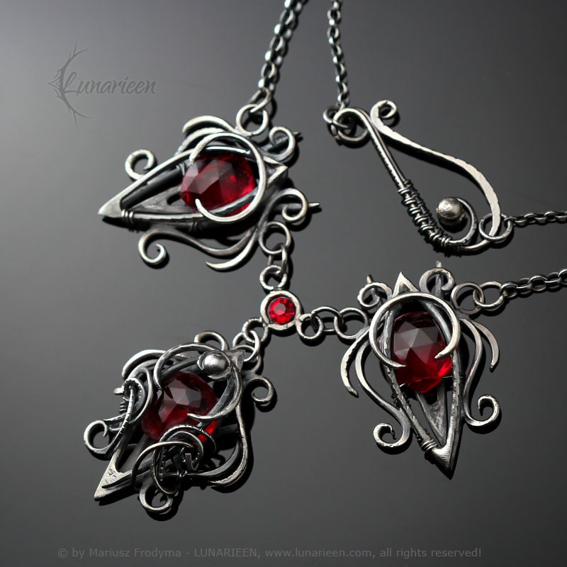 Sterling Silver, Fantasy Gothic style Necklace Pendant, Red Quartz, Jewellery Jewelry, Vampire Elven Witchy, Unisex Unique gift