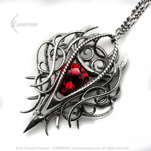 Sterling Silver, Fantasy Gothic style Necklace Pendant, Red Cubic Zirconia, Vampire Elven Witchy, Unisex Unique Jewellery Jewelry Gift