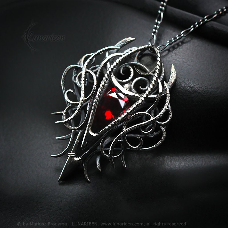 Sterling Silver, Fantasy Gothic style Necklace Pendant, Red Cubic Zirconia, Vampire Elven Witchy, Unisex Unique Jewellery Jewelry Gift