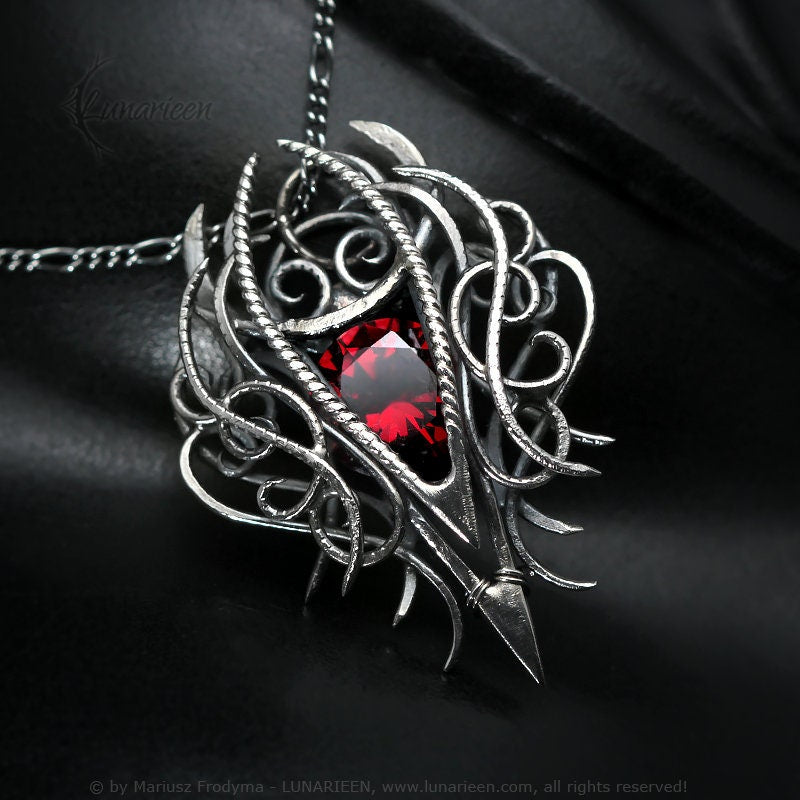 Sterling Silver, Fantasy Gothic style Necklace Pendant, Red Cubic Zirconia, Vampire Elven Witchy, Unisex Unique Jewellery Jewelry Gift