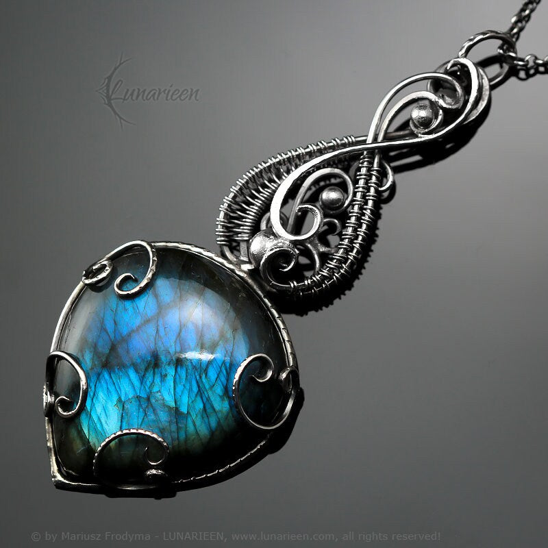 Sterling Silver, Fantasy Gothic style Necklace Pendant, Royal Blue Labradorite, Jewellery Jewelry, Vampire Elven Witchy, Unisex Unique gift