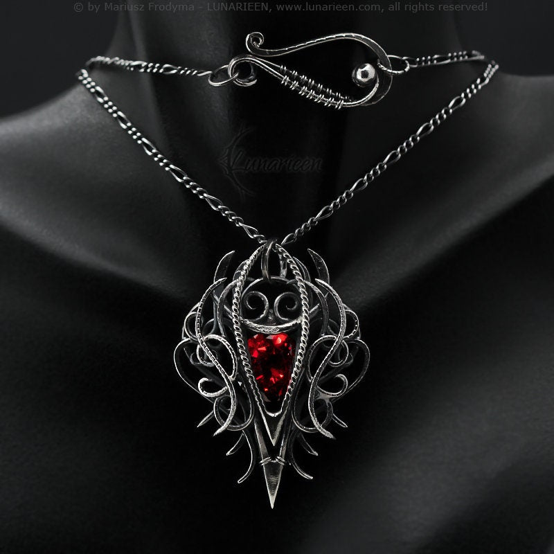 Sterling Silver, Fantasy Gothic style Necklace Pendant, Red Cubic Zirconia, Vampire Elven Witchy, Unisex Unique Jewellery Jewelry Gift