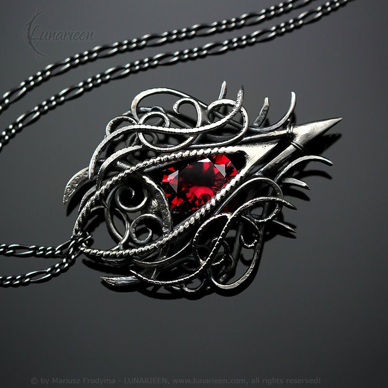 Sterling Silver, Fantasy Gothic style Necklace Pendant, Red Cubic Zirconia, Vampire Elven Witchy, Unisex Unique Jewellery Jewelry Gift