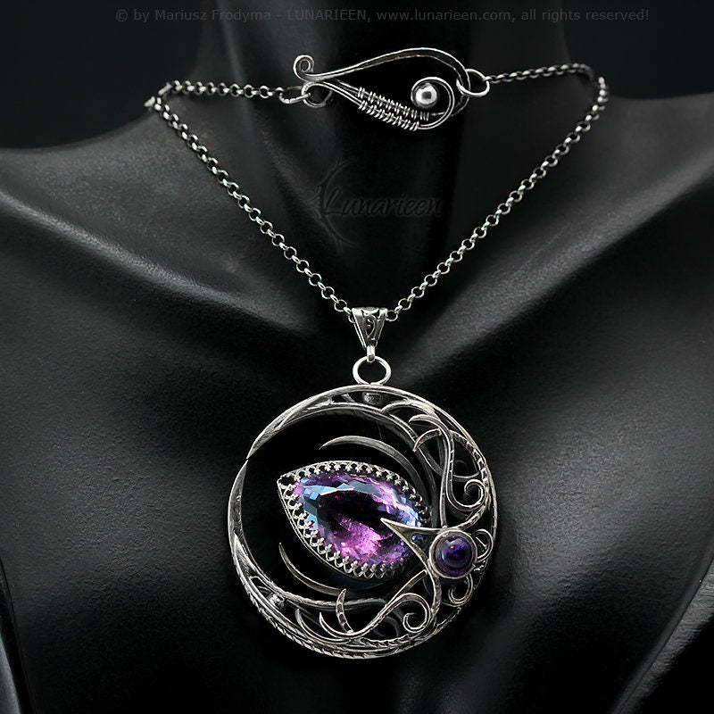 Sterling Silver Crescent Moon Filigree Necklace Round Pendant, Purple Blue Alexandrite, Fantasy Elvish Gothic, Unisex Unique Gift Jewelry