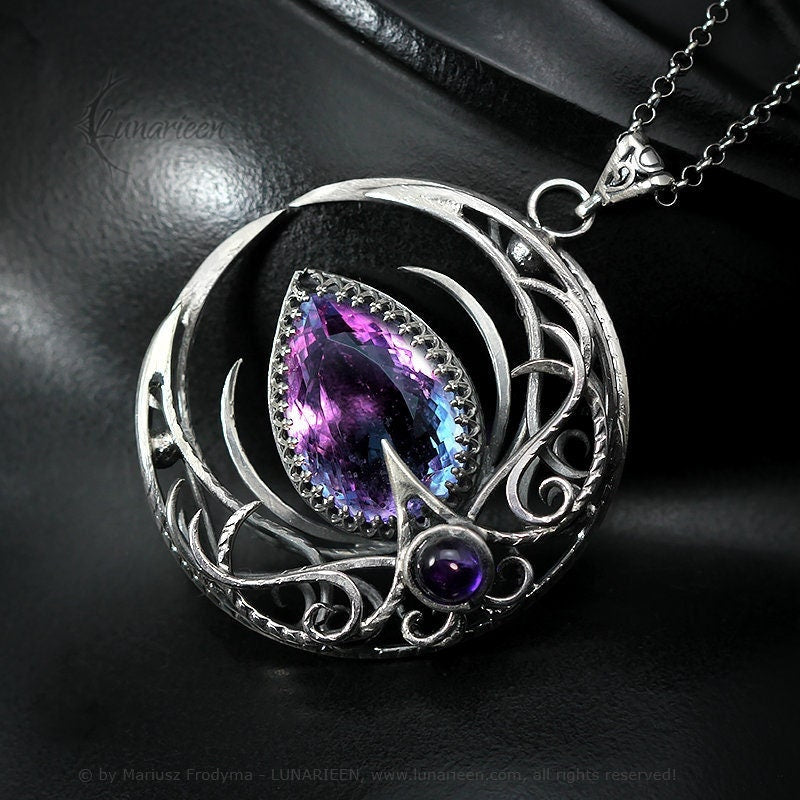 Sterling Silver Crescent Moon Filigree Necklace Round Pendant, Purple Blue Alexandrite, Fantasy Elvish Gothic, Unisex Unique Gift Jewelry