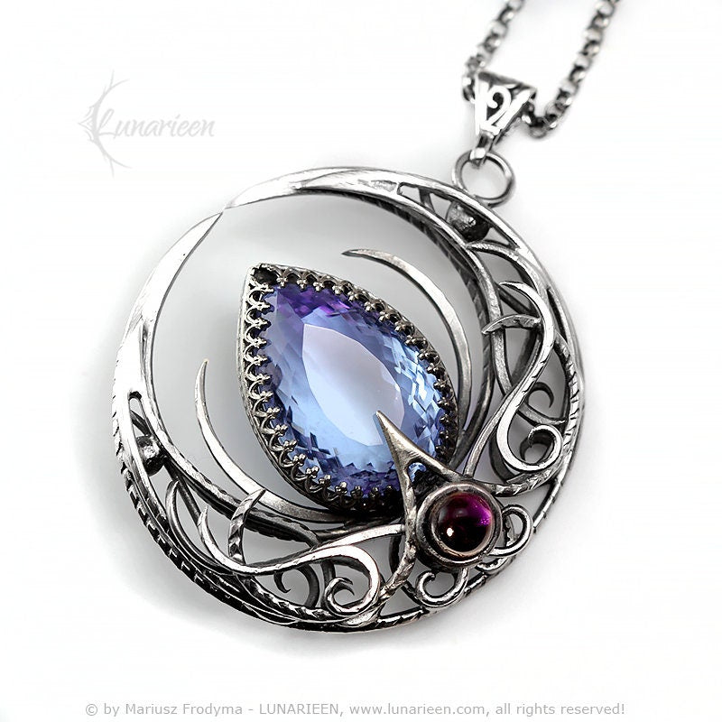 Sterling Silver Crescent Moon Filigree Necklace Round Pendant, Purple Blue Alexandrite, Fantasy Elvish Gothic, Unisex Unique Gift Jewelry