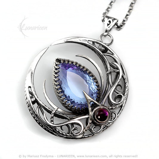 Sterling Silver Crescent Moon Filigree Necklace Round Pendant, Purple Blue Alexandrite, Fantasy Elvish Gothic, Unisex Unique Gift Jewelry