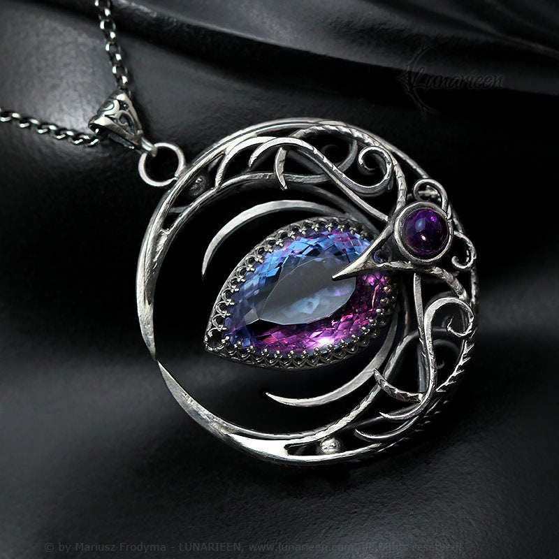 Sterling Silver Crescent Moon Filigree Necklace Round Pendant, Purple Blue Alexandrite, Fantasy Elvish Gothic, Unisex Unique Gift Jewelry