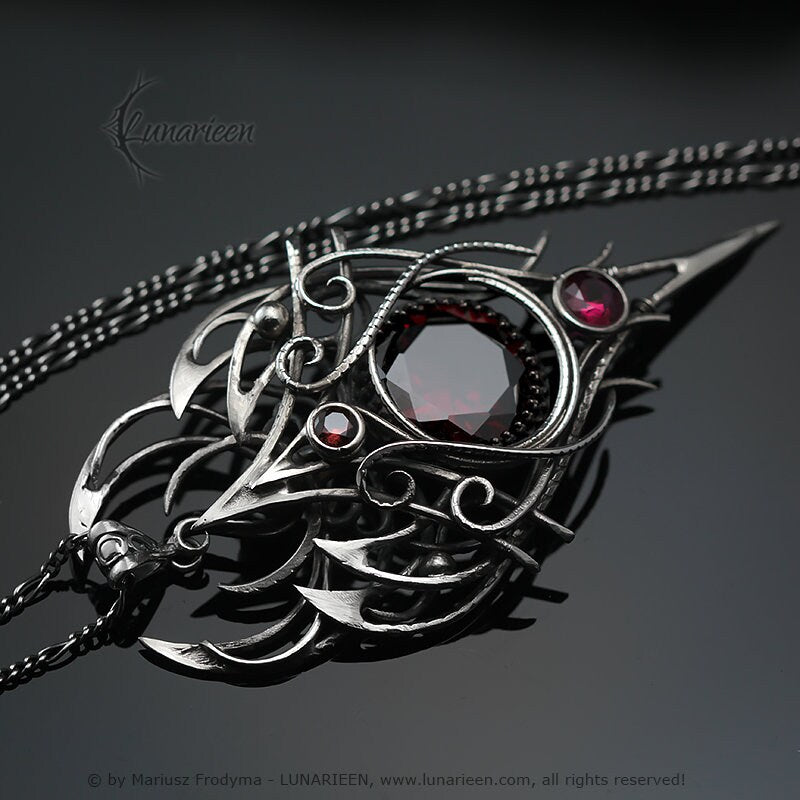 Sterling Silver, Large Fantasy Gothic style Necklace Pendant, Red Cubic Zirconia, Vampire Elven Witchy Jewellery, Unisex Unique gift