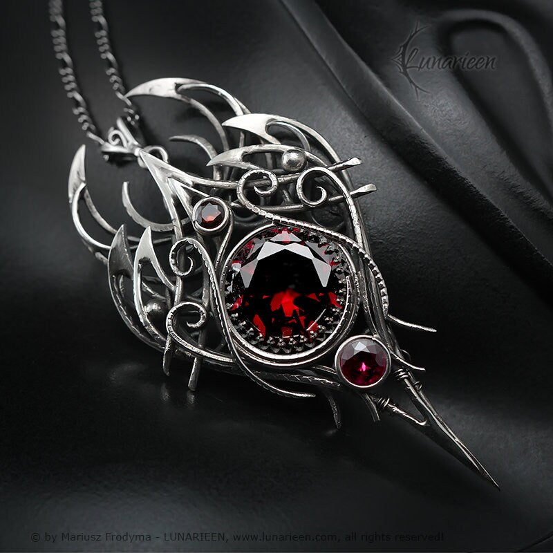 Sterling Silver, Large Fantasy Gothic style Necklace Pendant, Red Cubic Zirconia, Vampire Elven Witchy Jewellery, Unisex Unique gift