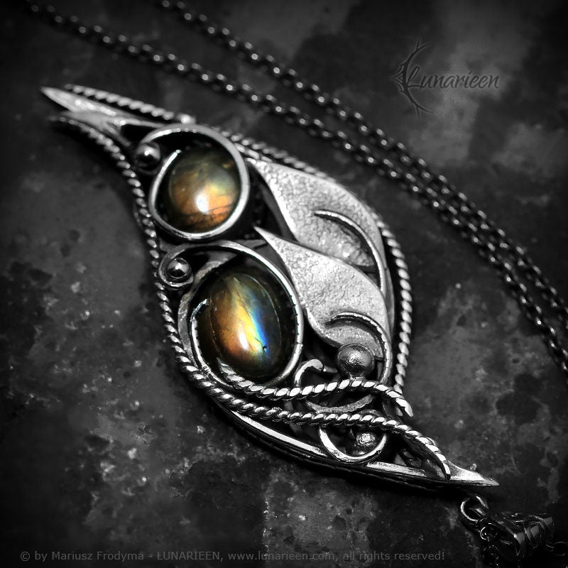 Sterling Silver Wire Wrapped Gothic Floral Victorian Style Pendant Necklace, Rainbow Labradorite, Fantasy Elven Elvish Jewelry Jewellery