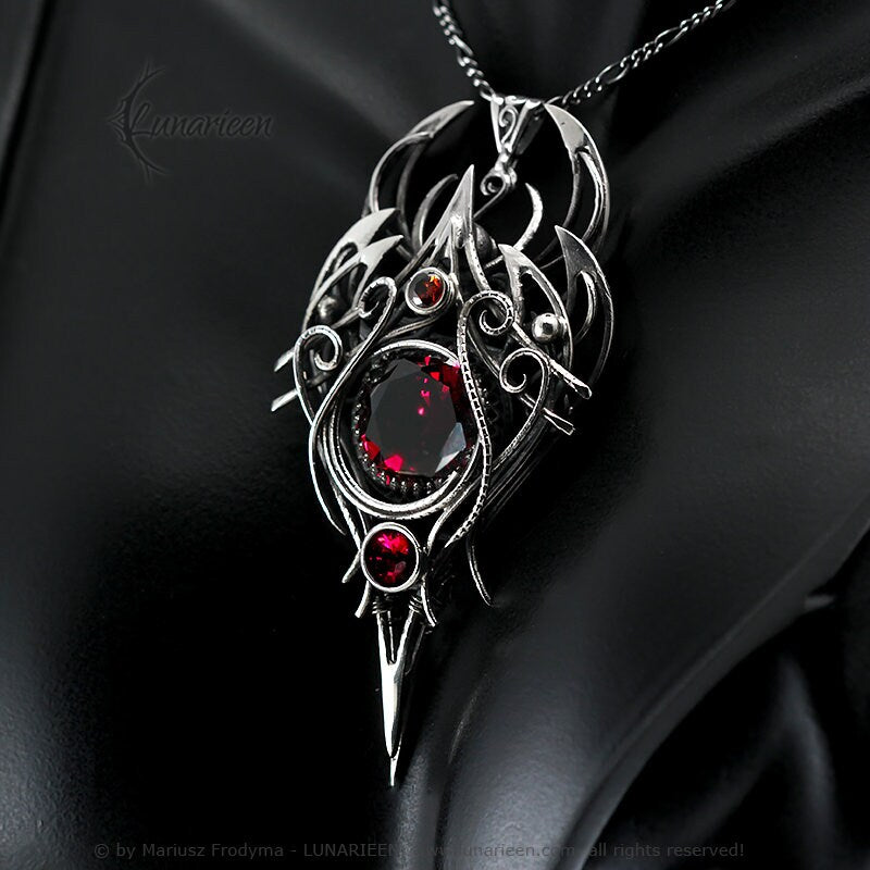 Sterling Silver, Large Fantasy Gothic style Necklace Pendant, Red Cubic Zirconia, Vampire Elven Witchy Jewellery, Unisex Unique gift