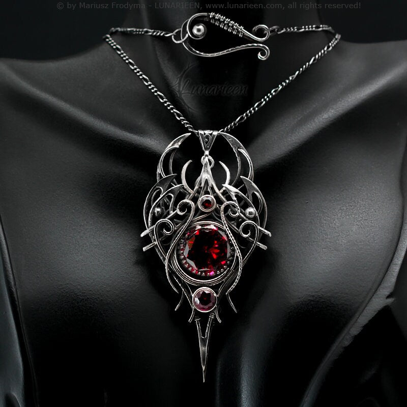 Sterling Silver, Large Fantasy Gothic style Necklace Pendant, Red Cubic Zirconia, Vampire Elven Witchy Jewellery, Unisex Unique gift