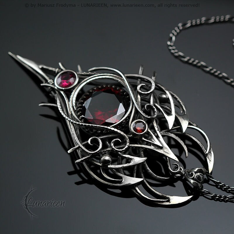 Sterling Silver, Large Fantasy Gothic style Necklace Pendant, Red Cubic Zirconia, Vampire Elven Witchy Jewellery, Unisex Unique gift