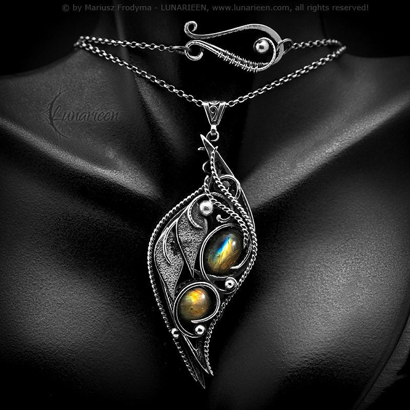 Sterling Silver Wire Wrapped Gothic Floral Victorian Style Pendant Necklace, Rainbow Labradorite, Fantasy Elven Elvish Jewelry Jewellery