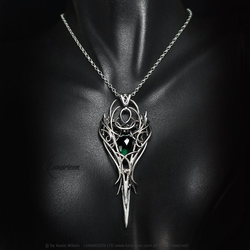 Silver necklace wire wrap Green Quartz Gothic goth fantasy pendant vampire unique jewellery elven jewelry witchy gift