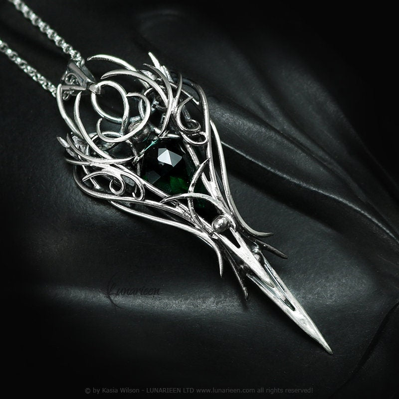 Silver necklace wire wrap Green Quartz Gothic goth fantasy pendant vampire unique jewellery elven jewelry witchy gift