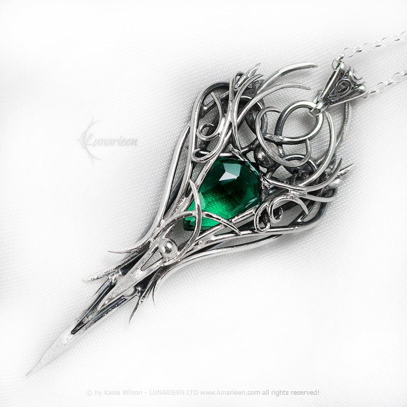 Silver necklace wire wrap Green Quartz Gothic goth fantasy pendant vampire unique jewellery elven jewelry witchy gift