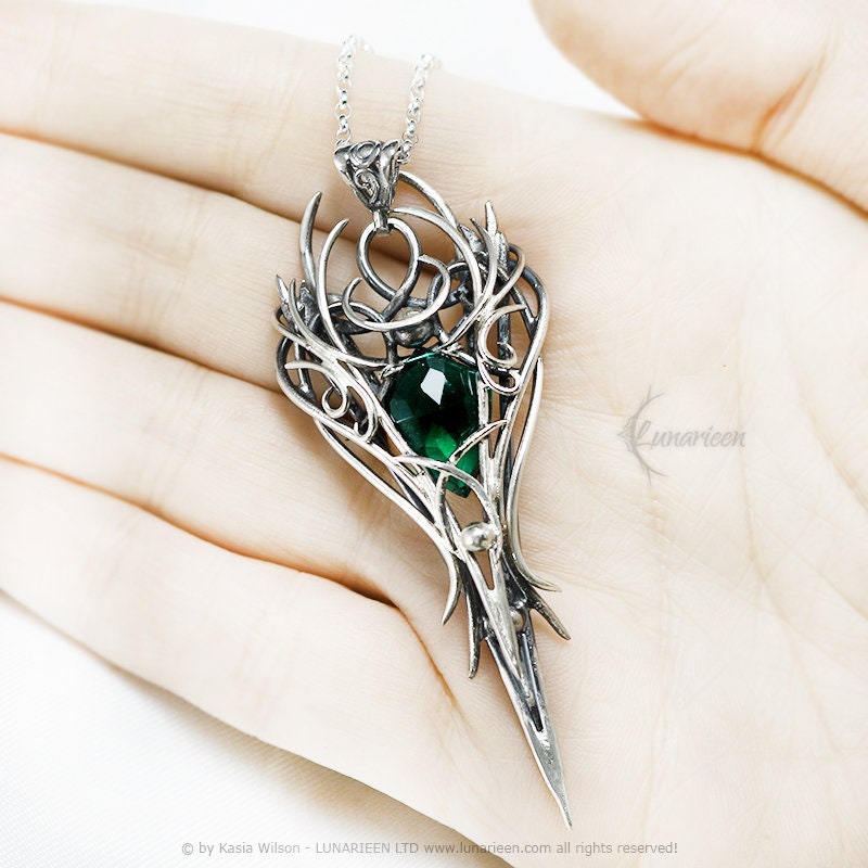 Silver necklace wire wrap Green Quartz Gothic goth fantasy pendant vampire unique jewellery elven jewelry witchy gift