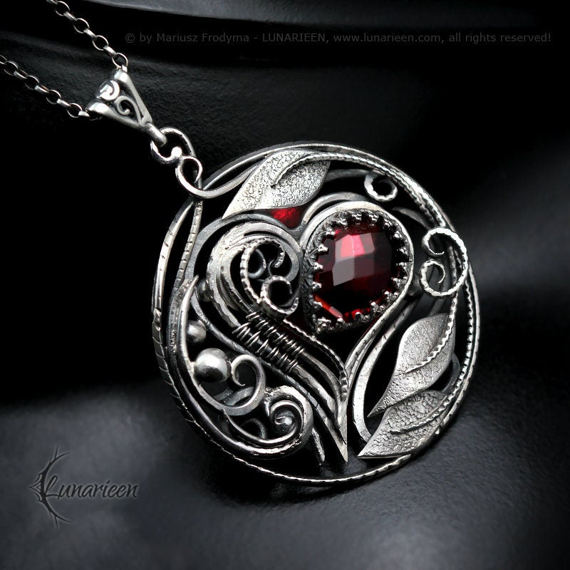 Sterling Silver wire wrapped Gothic Floral Sweetheart Pendant Necklace, Red Quartz Filigree Ornate Jewellery Jewelry Unique Gift