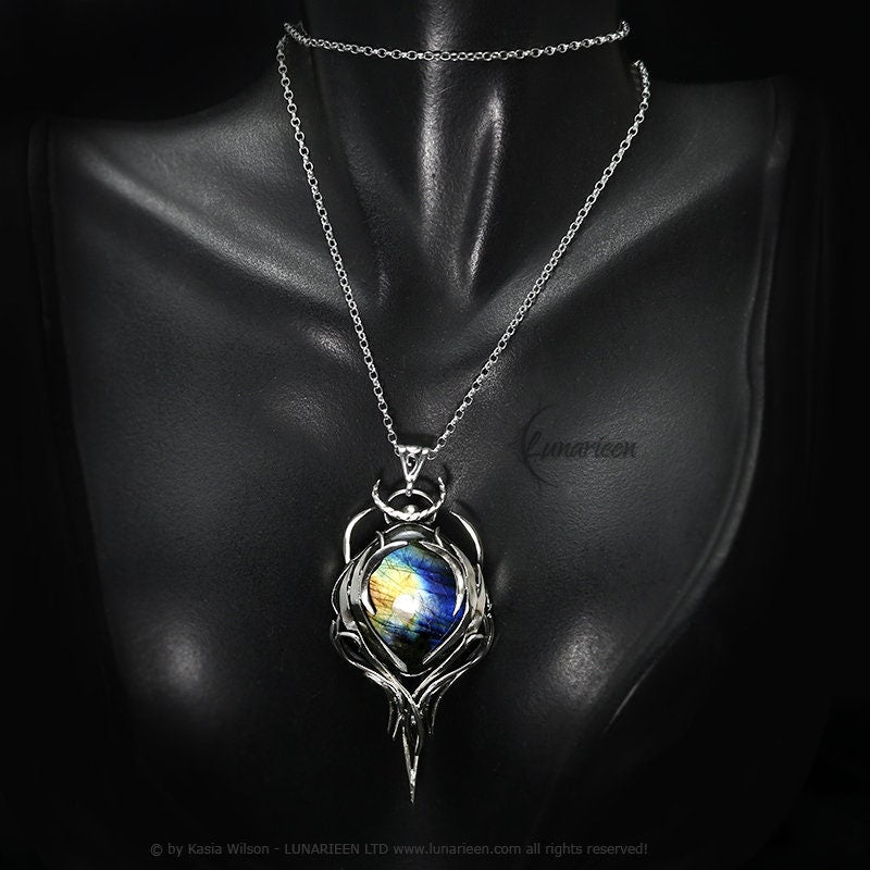 Silver necklace Labradorite jewelry Elven Pagan pendant fantasy elvish gothic unisex witchy vampire fashion gift