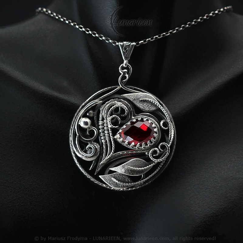 Sterling Silver wire wrapped Gothic Floral Sweetheart Pendant Necklace, Red Quartz Filigree Ornate Jewellery Jewelry Unique Gift